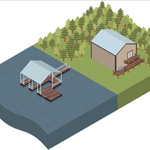 Isometric Perspective of Boat Dock and Barn