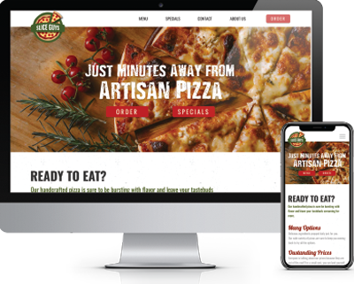A mockup photo of the Pizza Project on an IMac computer and IPhone
